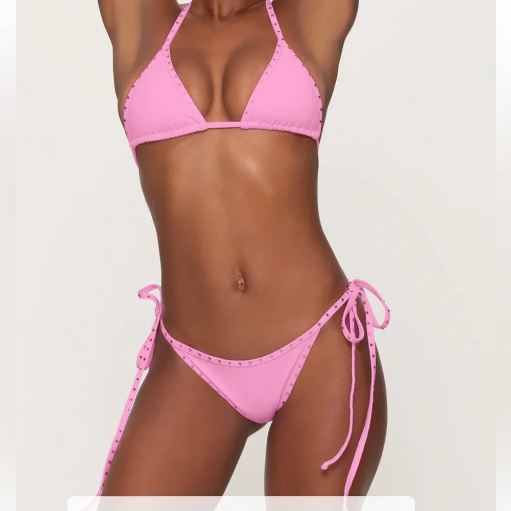 🌸SKIMS RHINESTONE SWIM BIKINI TIE BOTTOMS IN LIGHT PINK 4X
